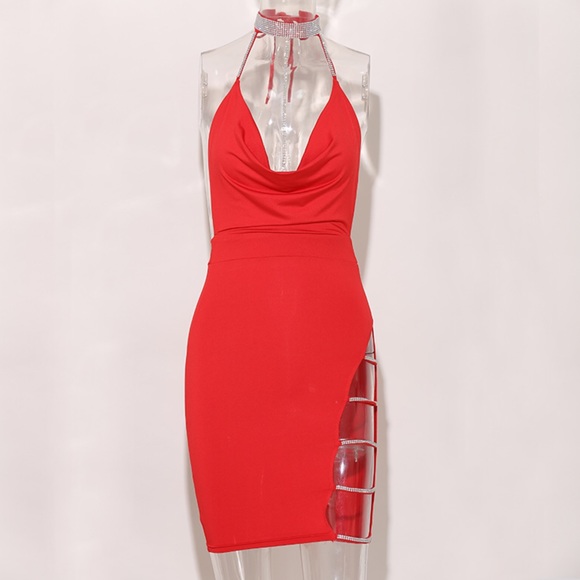 Red draped neck dress with side split - Picture 3 of 6
